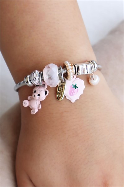 Pink Bear Figure Stainless Steel Charm Bracelet