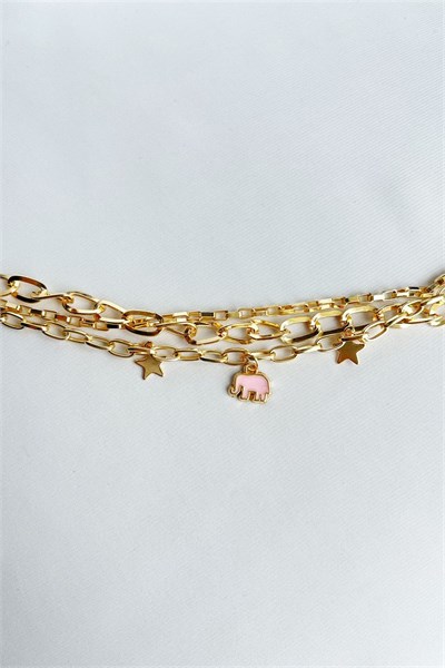 Pink Elephant Detail Triple Gold Bracelet