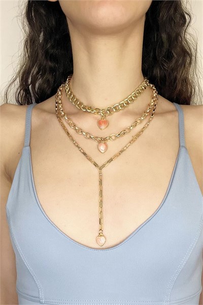 Pink Heart Detail Multi Gold Color Necklace