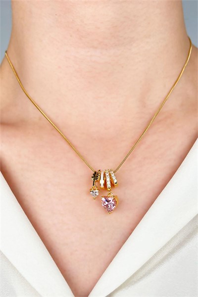 Pink Heart Tip Charm Stainless Steel Necklace - Gold