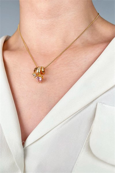 Pink Heart Tip Charm Stainless Steel Necklace - Gold