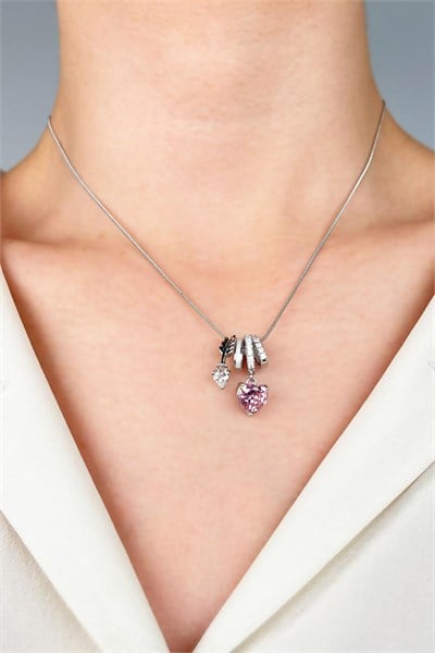 Pink Heart Tip Charm Stainless Steel Necklace - Silver