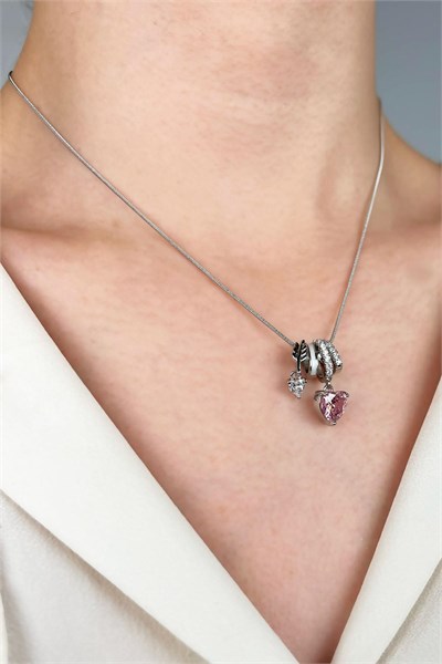 Pink Heart Tip Charm Stainless Steel Necklace - Silver
