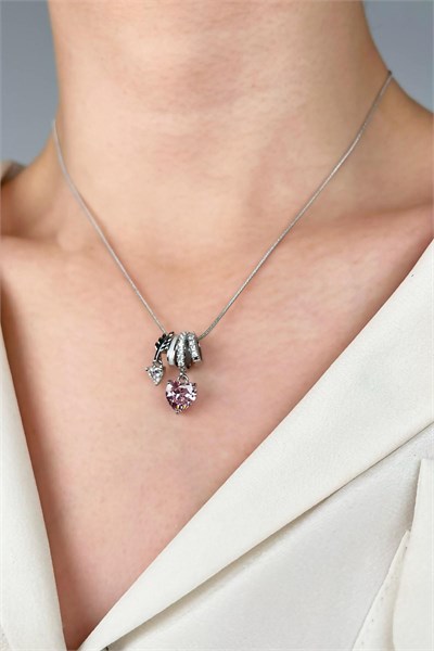 Pink Heart Tip Charm Stainless Steel Necklace - Silver