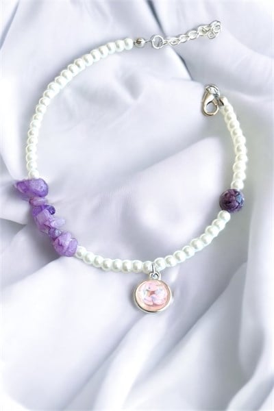 Pink Tip Purple Crushed Natural Stone Anklet