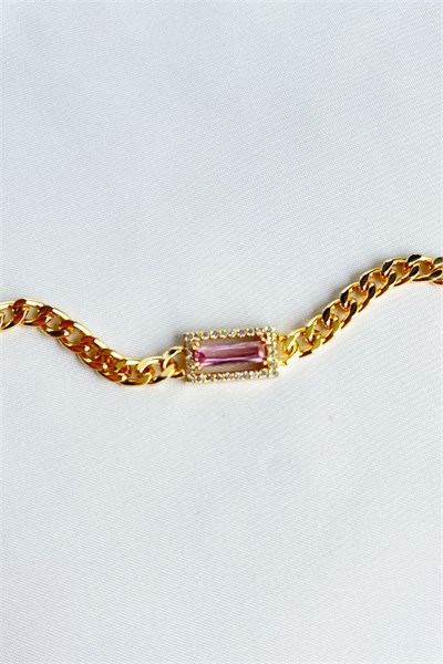Pink Stone Detail Zircon Stone Gold Bracelet
