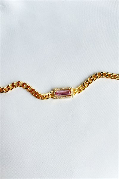 Pink Stone Detail Zircon Stone Gold Bracelet