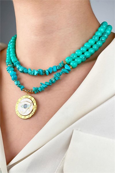 Ra’s Eye Natural Crushed Stone Glass Bead Necklace - Turquoise