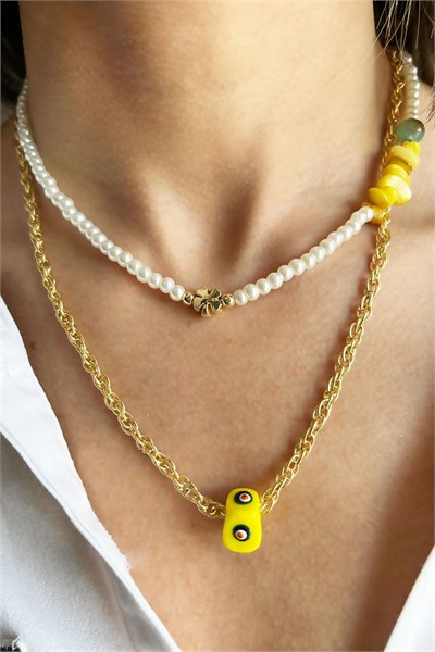 Yellow Nazar Bead Agate and Natural Crushed Stone Double Chain Pearl Necklace