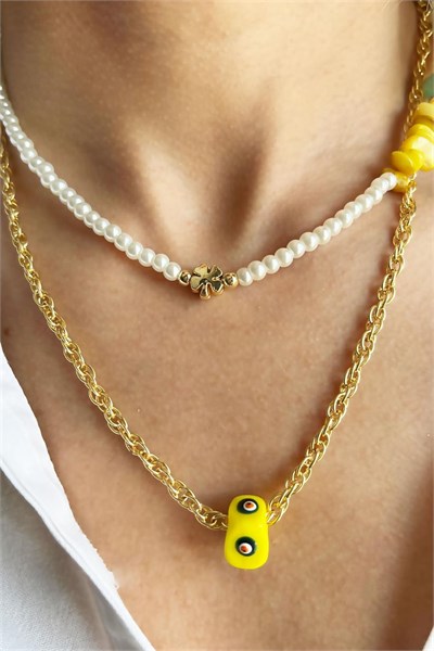 Yellow Nazar Bead Agate and Natural Crushed Stone Double Chain Pearl Necklace