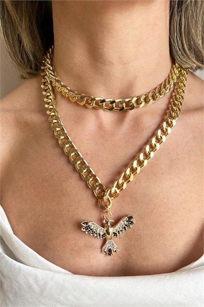 Black Anka Detail Double Chain Necklace