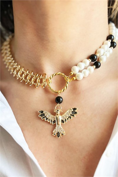 Black Anka Detail Pearl and Chain Necklace