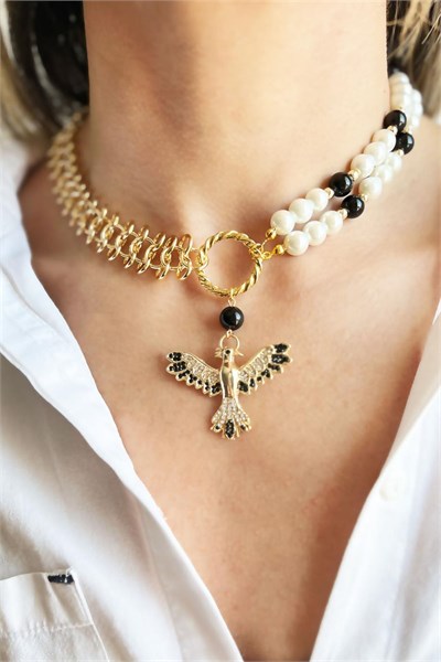 Black Anka Detail Pearl and Chain Necklace