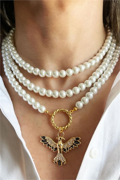 Black Anka Detail Three Row Pearl Necklace