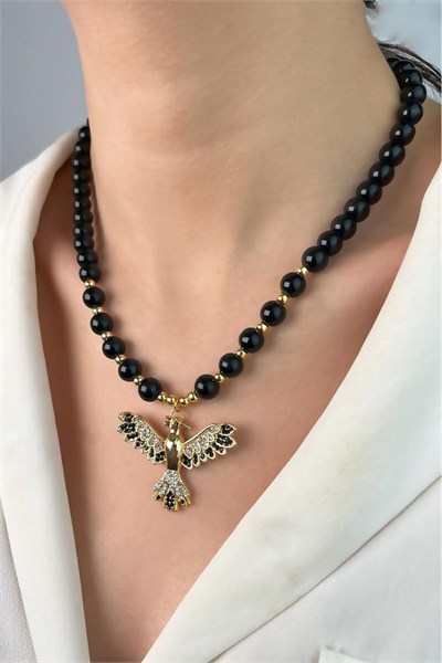 Black Anka Bird Tassel Black Bead Necklace - Black