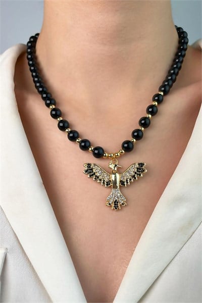 Black Anka Bird Tassel Black Bead Necklace - Black