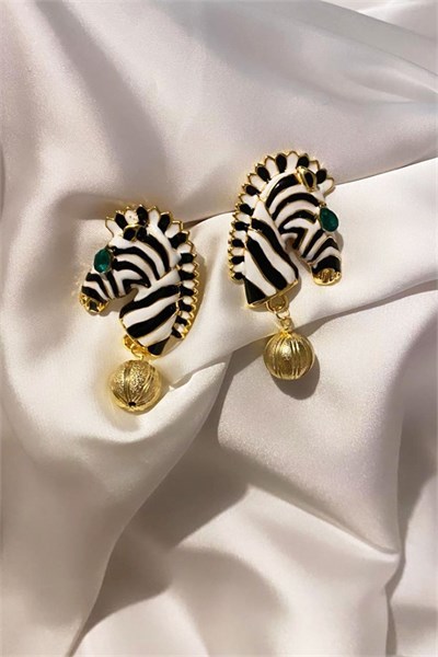 Black and White Horse Model Gold Color Earrings