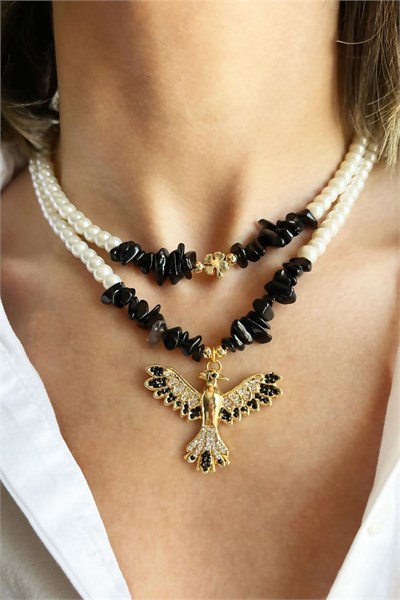 Black Crushed Natural Stone Anka Detail Double Pearl Necklace