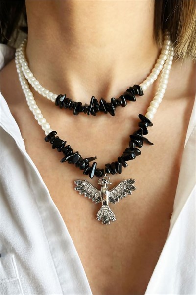Black Crushed Natural Stone Grey Anka Detail Double Pearl Necklace