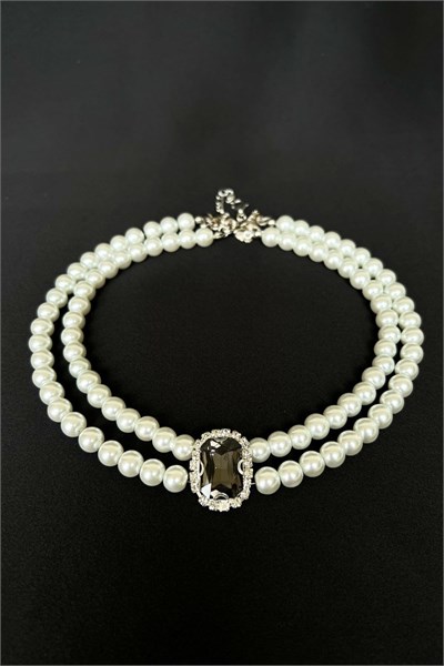 Black Crystal Tip Pearl Choker Necklace