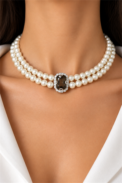 Black Crystal Tip Pearl Choker Necklace