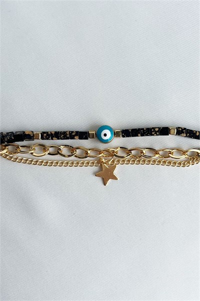 Black Cube Stone Triple Gold Bracelet