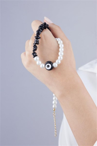 Black Nazar Bead Crushed Stone and Pearl Necklace