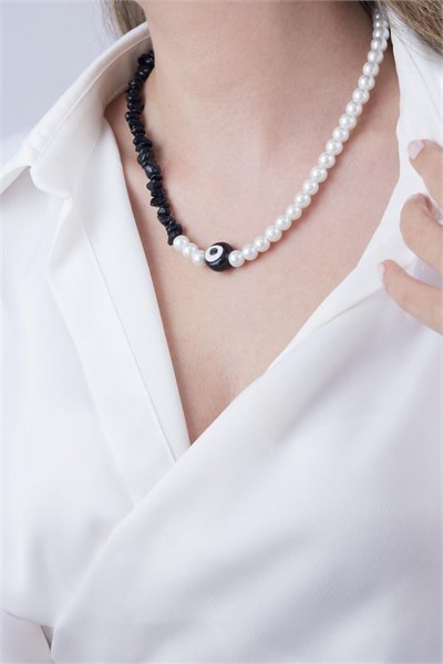 Black Nazar Bead Crushed Stone and Pearl Necklace