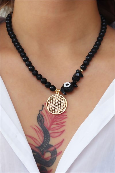 Black Nazar Bead Flower of Life Tip Necklace