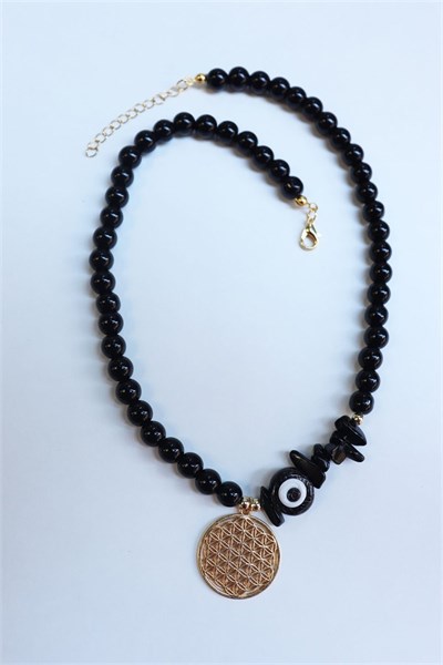 Black Nazar Bead Flower of Life Tip Necklace