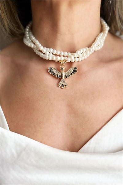 Black Color Zircon Detail Anka Pearl Spiral Design Necklace