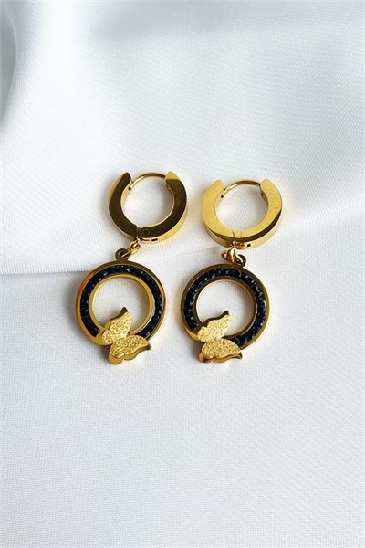 Black Stone Butterfly Gold Stainless Steel Earrings
