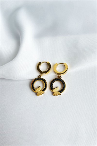 Black Stone Butterfly Gold Stainless Steel Earrings