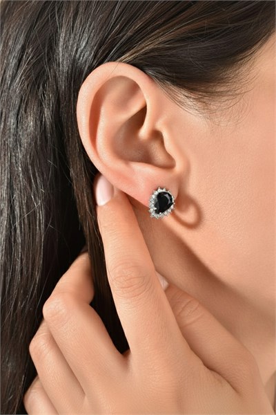 Black Sparkling Earrings with Zircon Stone Detail - Silver Color Anti Allergic Design