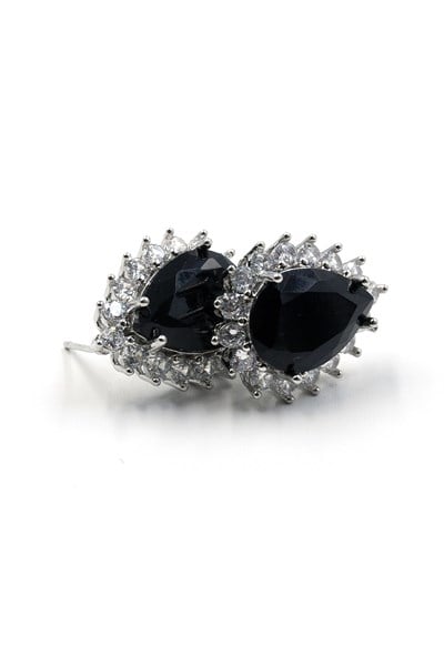 Black Sparkling Earrings with Zircon Stone Detail - Silver Color Anti Allergic Design