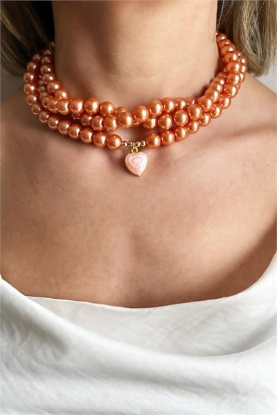 Salmon Heart Stone Spiral Design Pearl Necklace