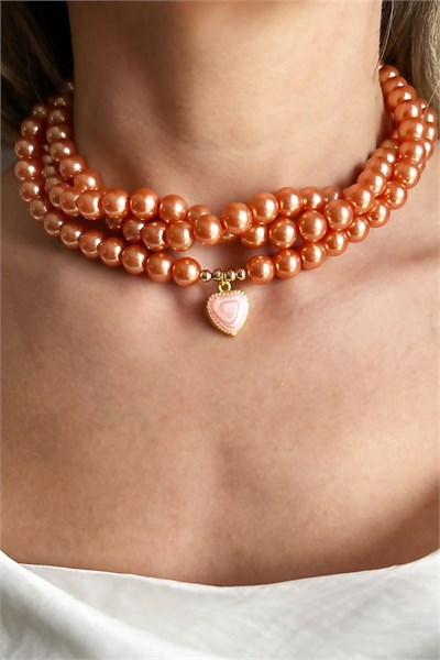 Salmon Heart Stone Spiral Design Pearl Necklace