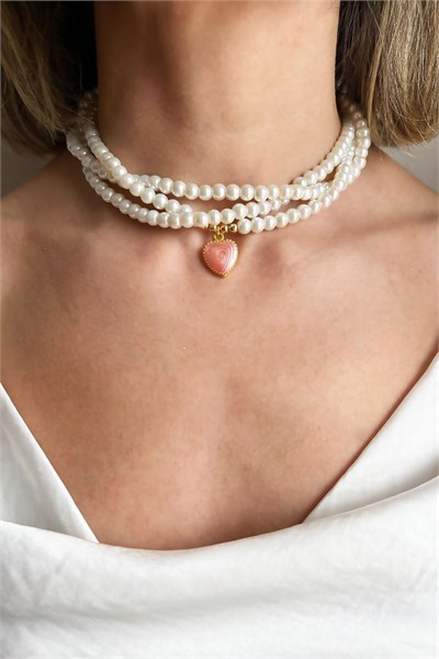 Salmon Heart Stone Spiral Design Pearl Necklace