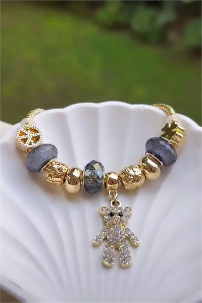 Stone-Cute Bear Figure Steel Charm Bracelet