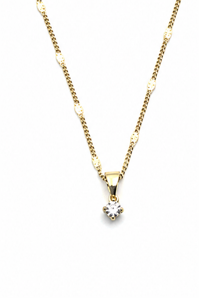 Brass Necklace with Solitaire Cubic Zirconia Pendant and Decorative Chain