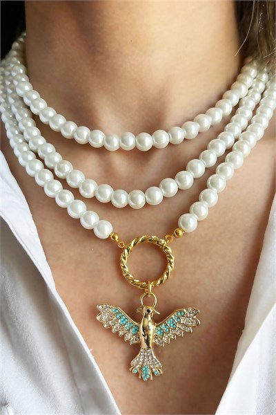 Turquoise Phoenix Detailed Three-Row Pearl Necklace