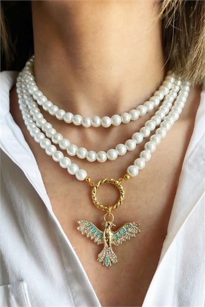 Turquoise Phoenix Detailed Three-Row Pearl Necklace