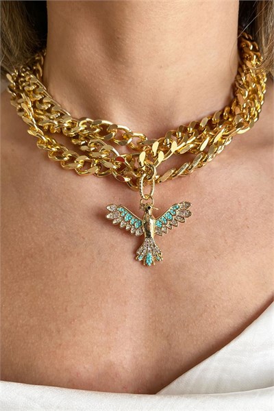 Turquoise Phoenix Detailed Triple Chain Necklace