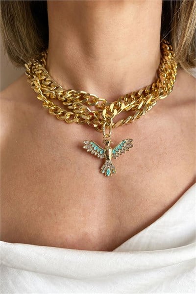 Turquoise Phoenix Detailed Triple Chain Necklace