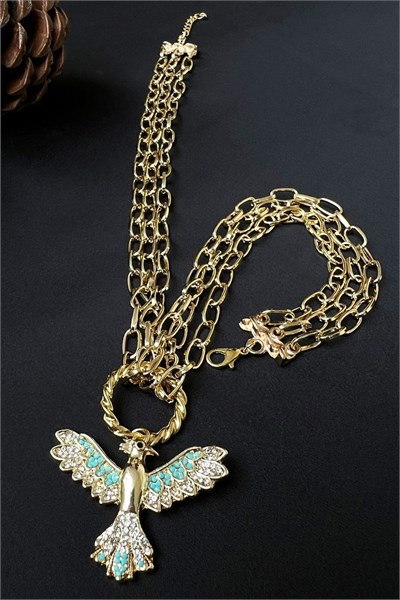 Turquoise Phoenix Bird Three-Row Chain Necklace