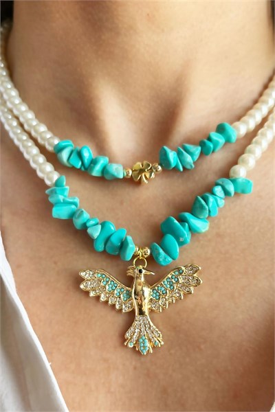 Turquoise Natural Broken Stone Phoenix Detailed Double Pearl Necklace