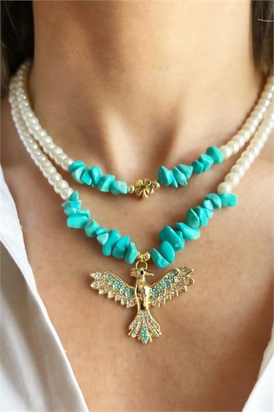 Turquoise Natural Broken Stone Phoenix Detailed Double Pearl Necklace