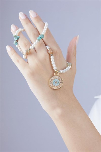 Turquoise Natural Stone Pearl Zodiac Medal Necklace