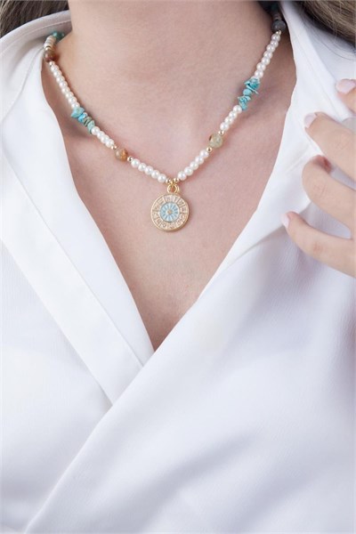 Turquoise Natural Stone Pearl Zodiac Medal Necklace