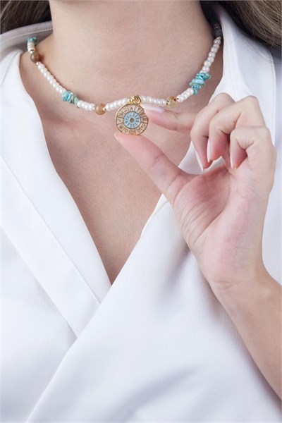 Turquoise Natural Stone Pearl Zodiac Medal Necklace
